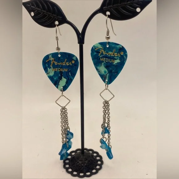 Fender Guitar Pick Dangle Earrings, with Turquoise Stones 4” - Picture 2 of 4